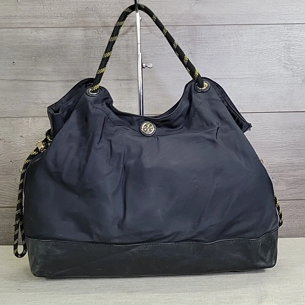 Tory Burch Black Nylon Leather Tote Shoulder Bag